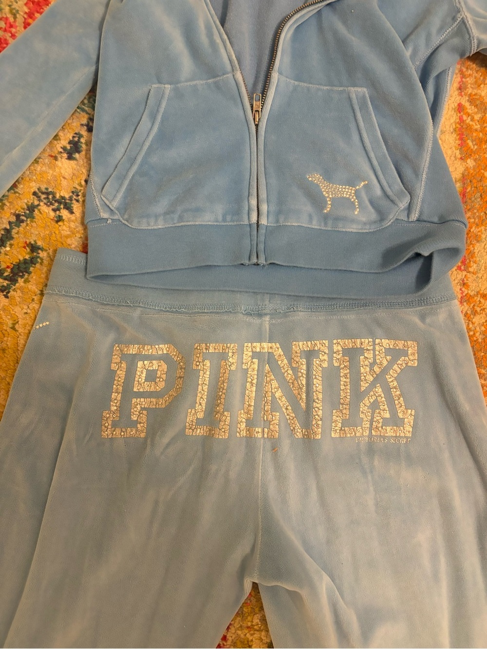 PINK Victoria's Secret Light Blue Velour Jogger Bottoms with Rhinestone Logo